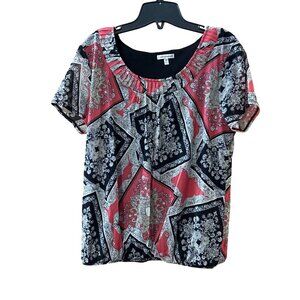 Womens Crofts & Barrow Paisley Scarf Print Blouse Elegant Short Sleeve Top XL